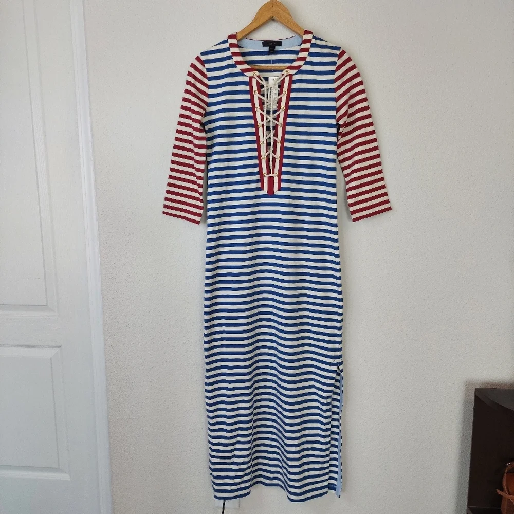 J. Crew Sammie Stripe Baltic 3/4 Sleeve Lace Up Nautical Maxi Dress Size XXS NWT